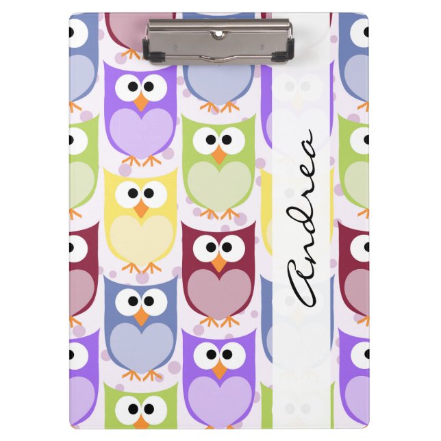 Your Name - Colourful Owls - Green Blue Purple Clipboard (Front)