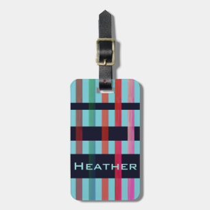 Your Name & Colourful Weaving Stripes on Soft Blue Luggage Tag