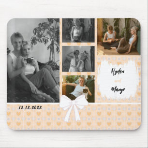 Your Name - Couple Photo Collage Orange Hearts Mouse Pad
