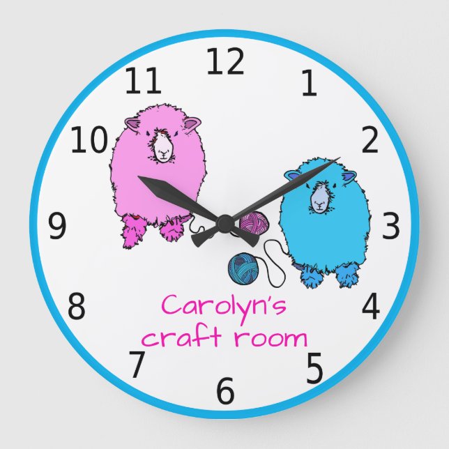 Your name, craft room, with cute, fluffy sheep large clock (Front)
