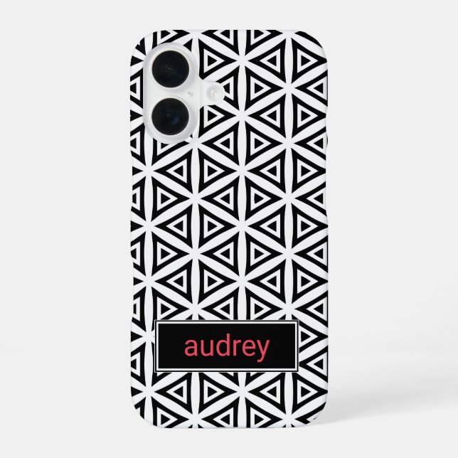 Your Name Crisp Triangular Black and White Pattern iPhone 16 Case (Back)