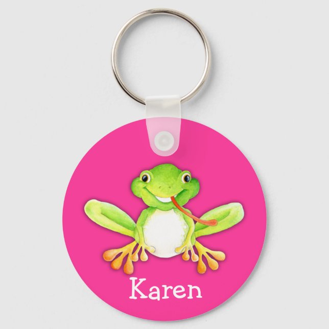 Your name cute fun frog pink green keychain (Front)
