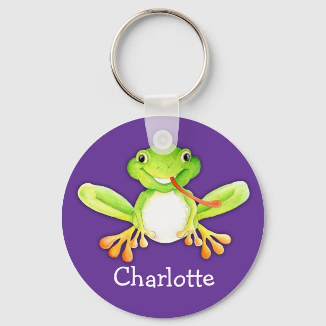 Your name cute fun frog purple keychain (Front)