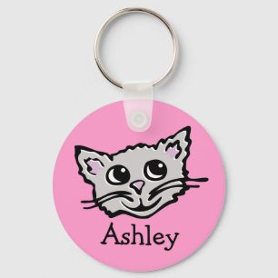 Your name cute kids graphic cat pink grey keychain