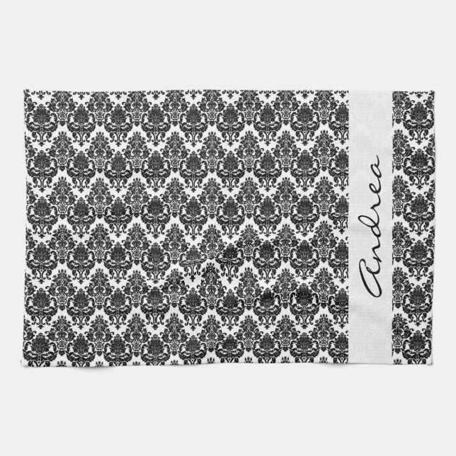 Your Name - Damask, Ornaments, Swirls - Black Tea Towel (Horizontal)