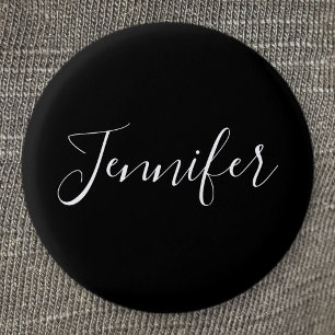 Your Name Elegant White Script on Black 3 Cm Round Badge
