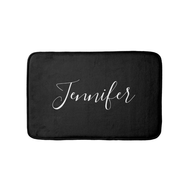 Your Name | Elegant White Script on Black Bath Mat (Front)
