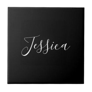 Your Name   Elegant White Script on Black Ceramic Tile