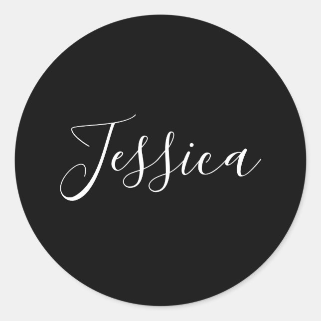 Your Name | Elegant White Script on Black Classic Round Sticker (Front)