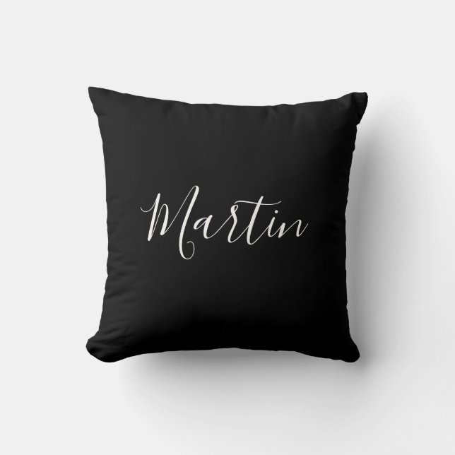 Your Name | Elegant White Script on Black Cushion (Front)