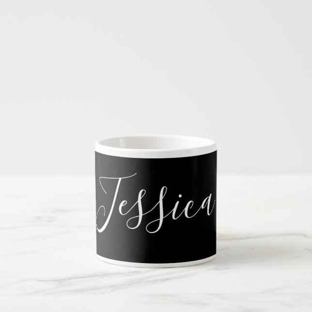 Your Name | Elegant White Script on Black Espresso Cup (Front)