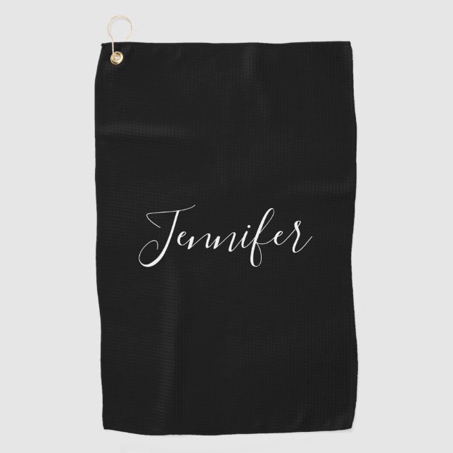Your Name | Elegant White Script on Black Golf Towel (Front)