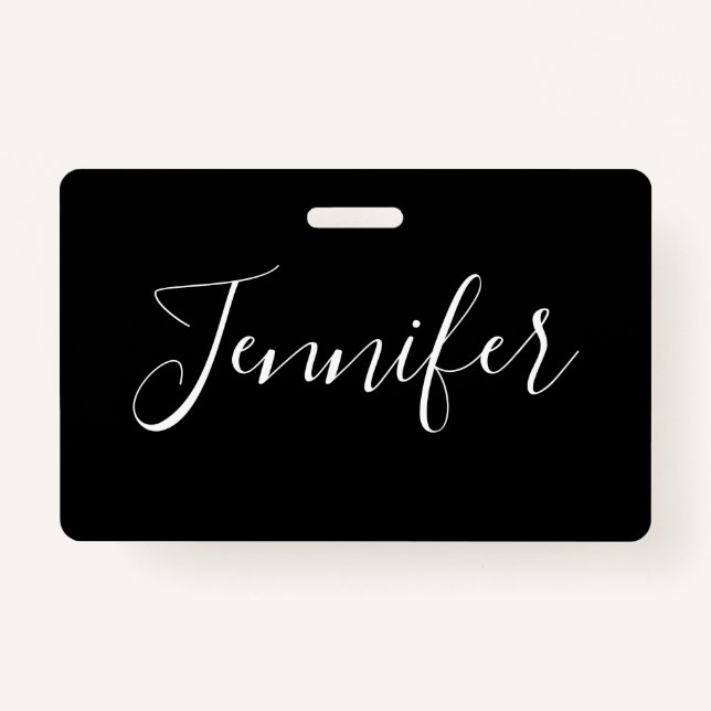 Your Name | Elegant White Script on Black ID Badge (Front)