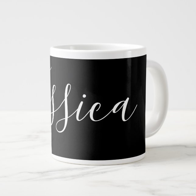Your Name | Elegant White Script on Black Large Coffee Mug (Front Right)