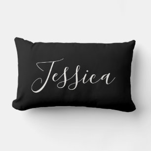 Your Name   Elegant White Script on Black Lumbar Cushion