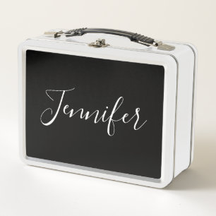 Your Name   Elegant White Script on Black Metal Lunch Box