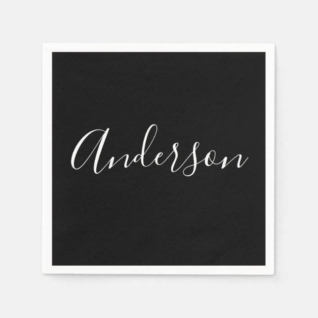 Your Name | Elegant White Script on Black Napkin (Front)