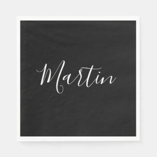 Your Name   Elegant White Script on Black Napkin