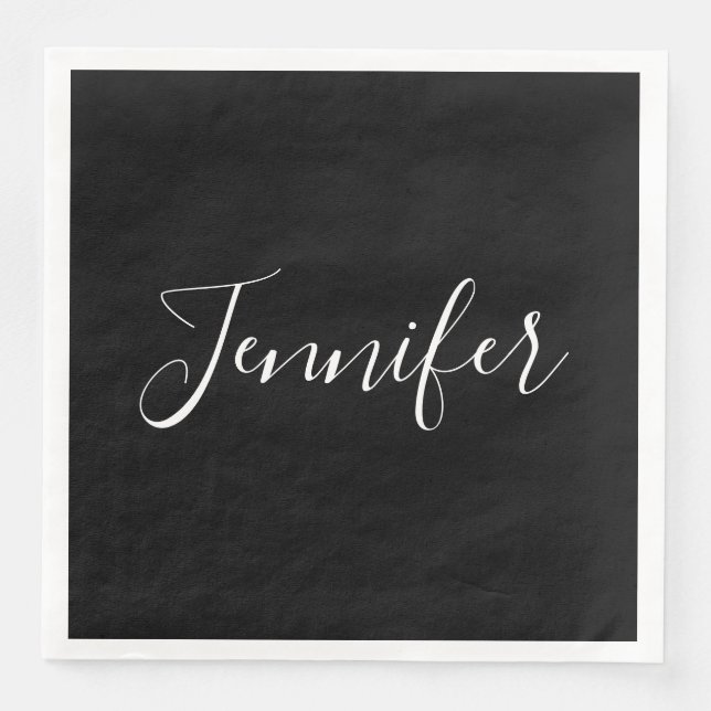 Your Name | Elegant White Script on Black Napkin (Front)