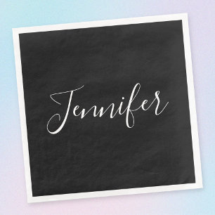 Your Name Elegant White Script on Black Napkin