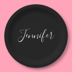 Your Name   Elegant White Script on Black Paper Plate