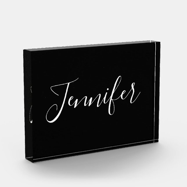 Your Name | Elegant White Script on Black Photo Block (Left)