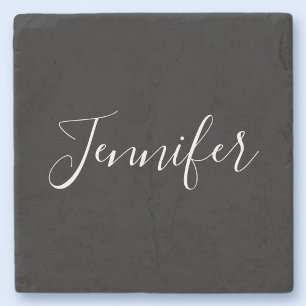 Your Name Elegant White Script on Black Stone Coaster