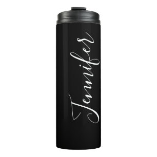 Your Name   Elegant White Script on Black Thermal Tumbler