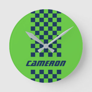 Your Name Fully Custom Colors Checkered Stripe Round Clock