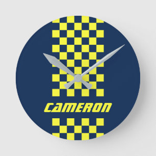 Your Name Fully Custom Colors Checkered Stripe Round Clock