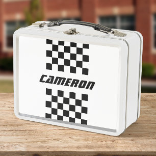 Your Name Fully Editable Colours Chequered Stripe Metal Lunch Box