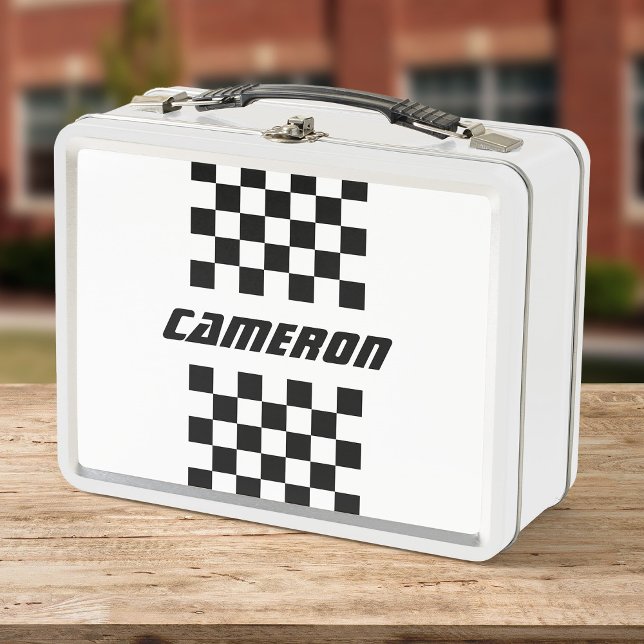 Your Name Fully Editable Colours Chequered Stripe Metal Lunch Box (Creator Uploaded)
