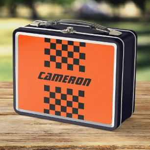 Your Name Fully Editable Colours Chequered Stripe Metal Lunch Box