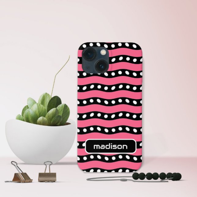 Your Name Fun Pink and Black Stripes with Dots Case-Mate iPhone Case (Creator Uploaded)