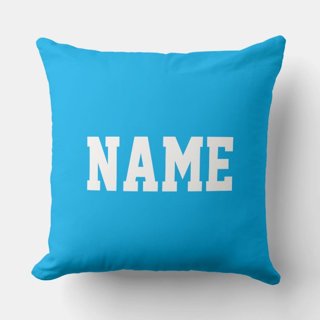YOUR NAME Fun White Athletic Text On Azure Blue Cushion (Front)