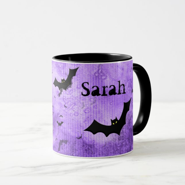 Your Name: Halloween Bats Purple Grunge BG Mug (Front Right)