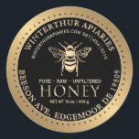 Your Name Here Editable Gold Bee Honey on Black Classic Round Sticker<br><div class="desc">This black and gold gradient label has editable fields to comply with the requirements listed by the National Honey Board: the word honey, your business name, personal name, address, and net weight of honey in grams and ounces must be included if you sell your honey. Includes vintage bee illustration with...</div>