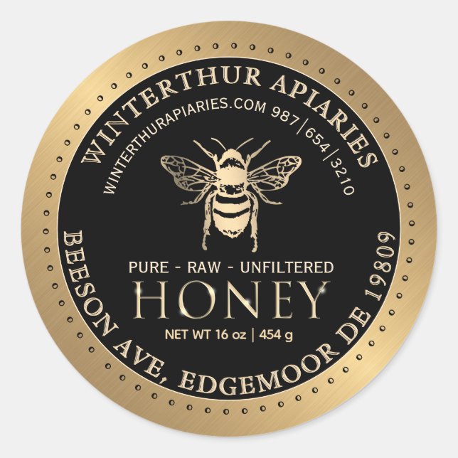 Your Name Here Editable Gold Bee Honey on Black Classic Round Sticker (Front)