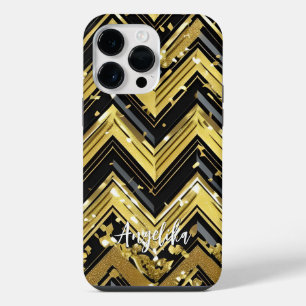 Your Name Here in Chevron Black and Gold iPhone 14 Pro Max Case