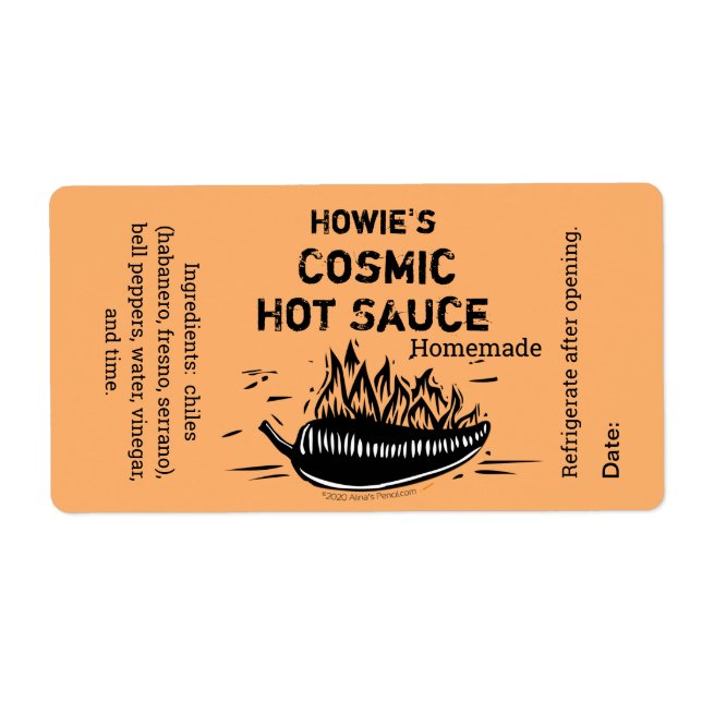 Your Name Hot Sauce Woodcut Flaming Chilli Pepper (Front)