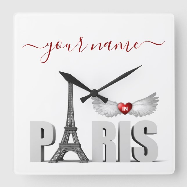 Your Name in Paris Eiffel Tower Heart Angel Wings Square Wall Clock (Front)