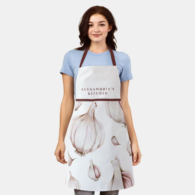 Your Name + Kitchen | White Garlic Pattern Apron (Worn)