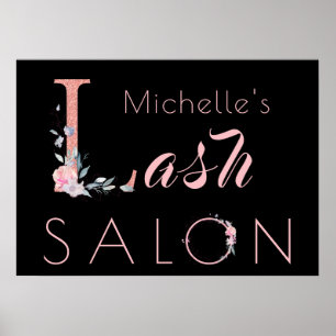 Your name lash salon floral glitter pink black poster