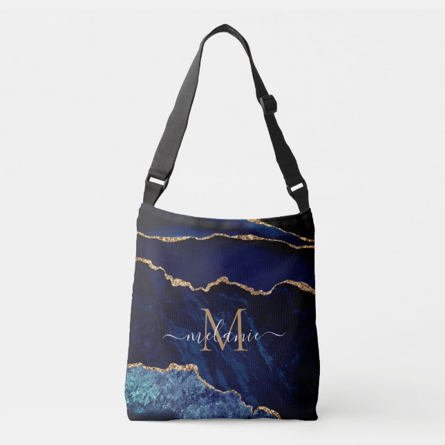 Your Name Letter Agate Navy Blue Gold Marble Crossbody Bag (Front)