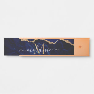 Your Name Letter Door Sign Agate Blue Gold Marble