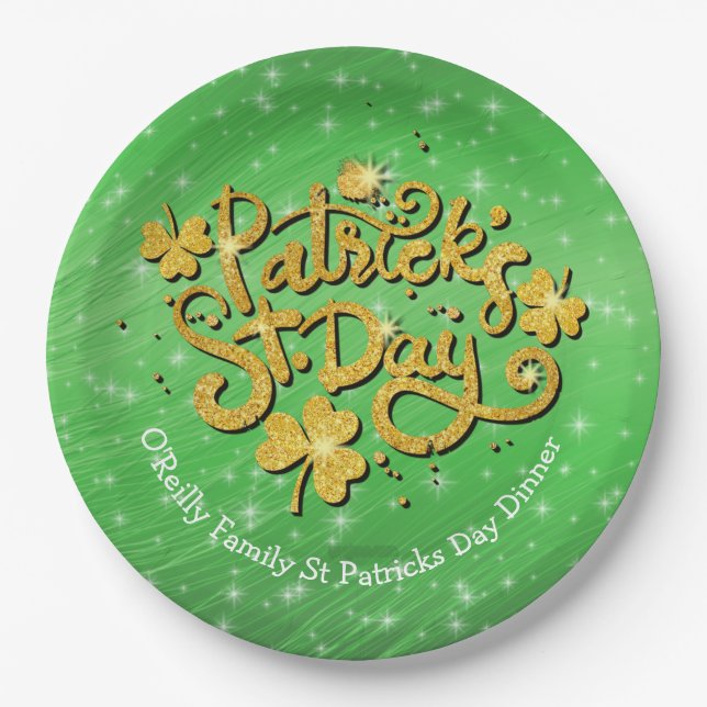 Your Name Message St Patricks Day Gold Shamrock Paper Plate (Front)