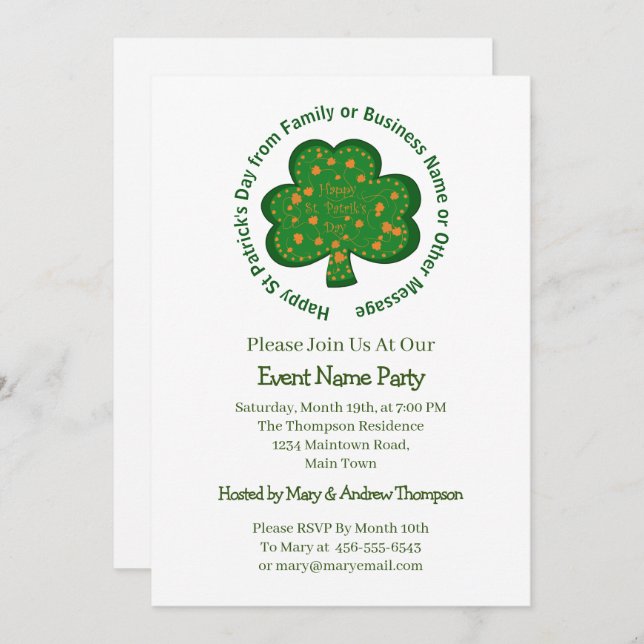 Your Name Message St Patricks Day Green Shamrock Invitation (Front/Back)
