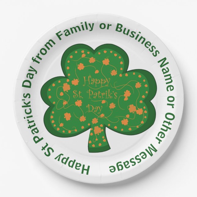 Your Name Message St Patricks Day Green Shamrock Paper Plate (Front)