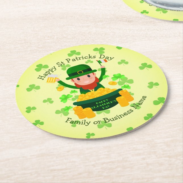 Your Name Message St Patricks Day Leprechaun Gold Round Paper Coaster (Angled)