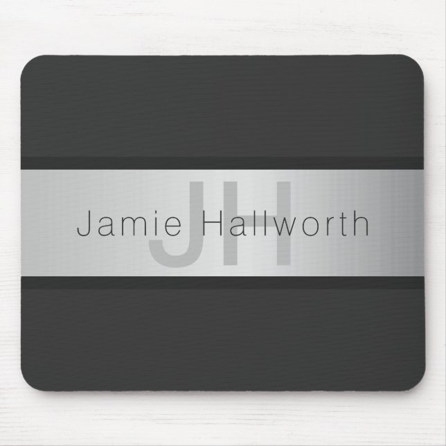 Your Name & Monogram | Grays & Faux Silver Look Mouse Pad (Front)